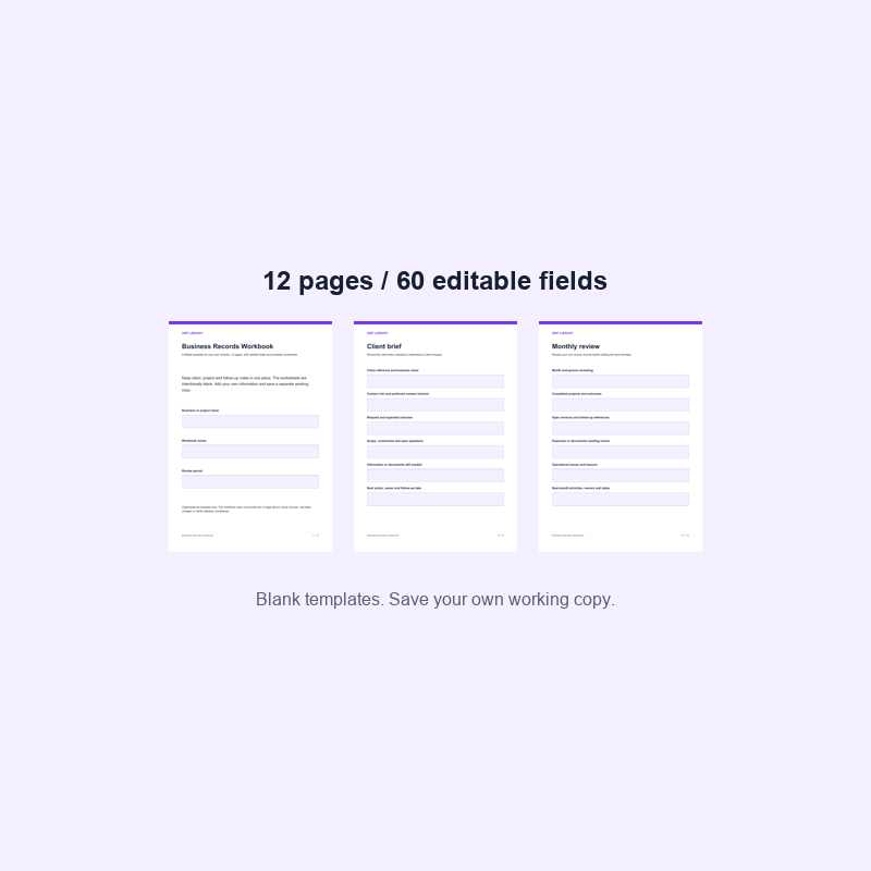 Business Records Workbook - 12 Fillable PDF Pages