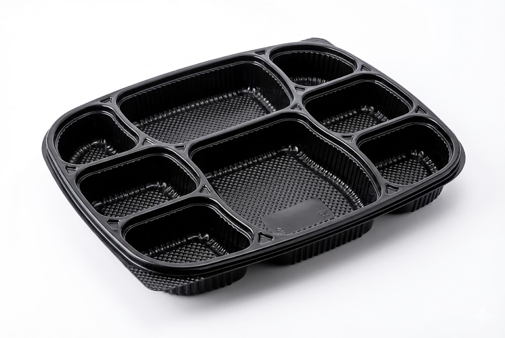 8-Compartment Black Meal Tray with Lid